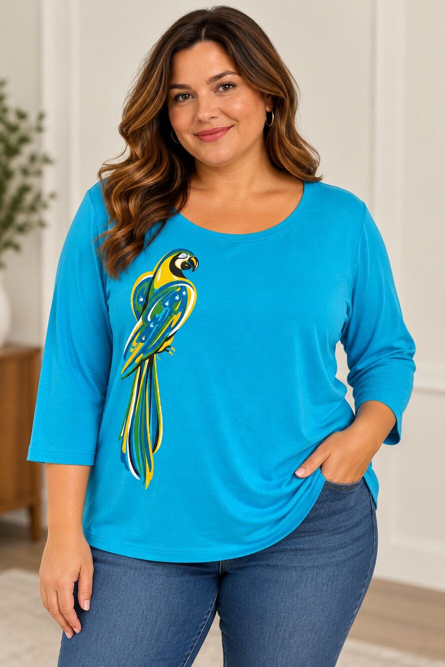 Bob Mackie Wearable Art 3X Turquoise Macaw Parrot Rhinestone 3/4 Sleeve Top